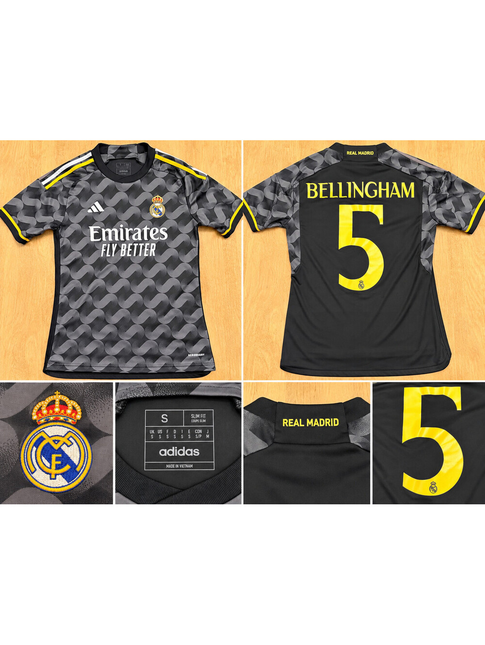 Adidas Real Madrid Bellingham #5 2023/2024 Away Jersey Men's Small S Gray Yellow